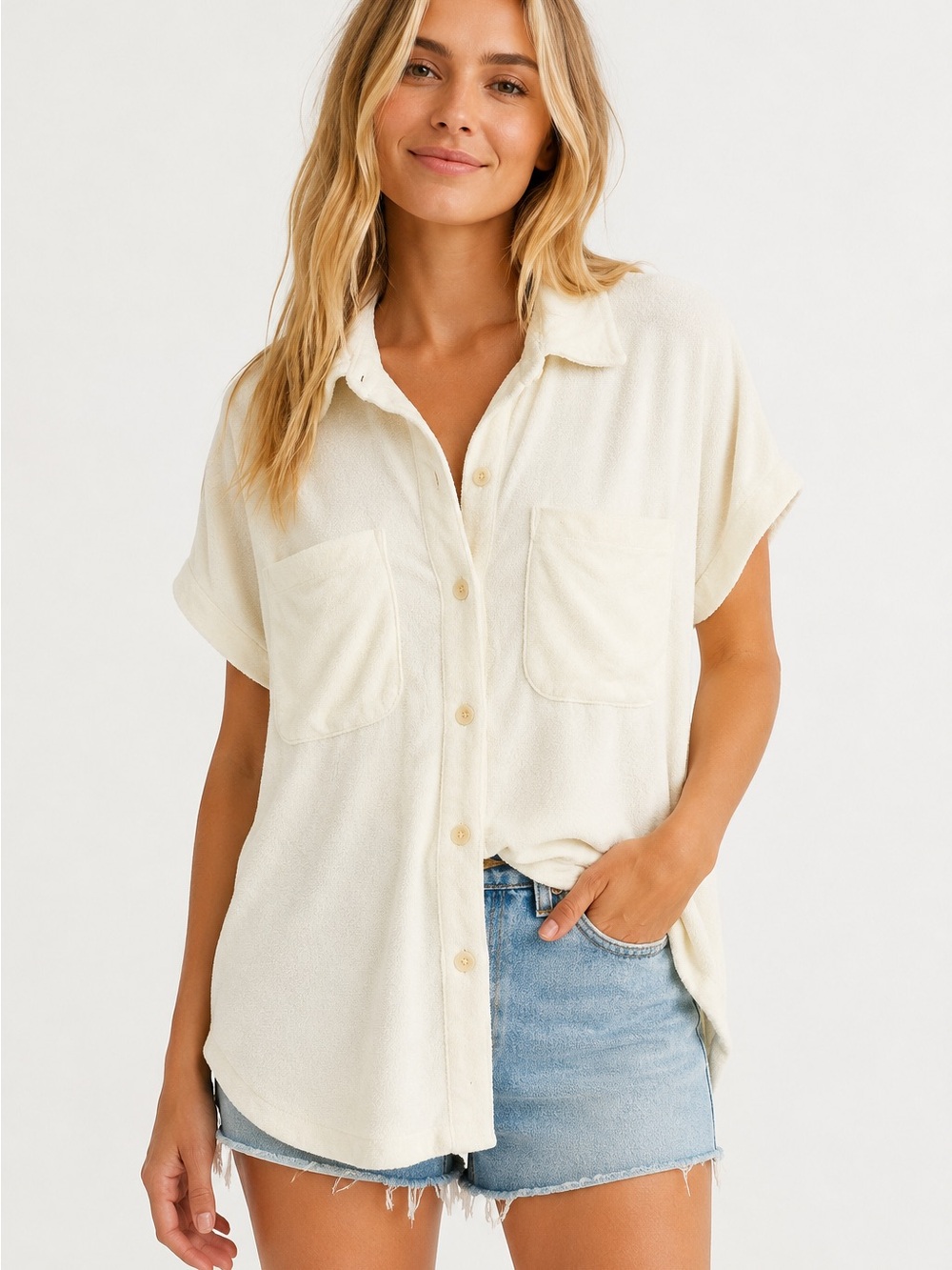 Summersalt Towel Terry Button-Down Shirt Ivory Organic Cotton L
